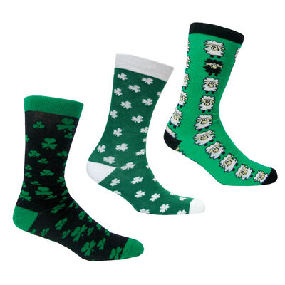 Set of 3 Irish Designed Socks - Green Shamrock Design, White Shamrock Design & Sheep Designed Socks